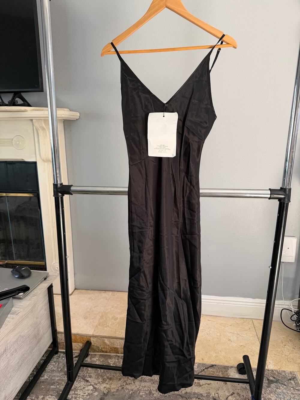 Sleeper Women's Black Silk Satin Slip Dress V-Neck Midi Length